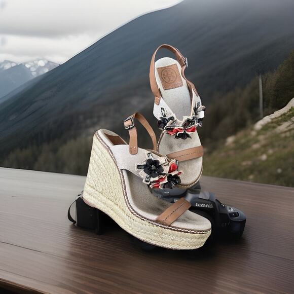 Tory Burch Canvas Leather Espadrille Wedge Sandal Size 8M Beige Brown - Picture 14 of 14